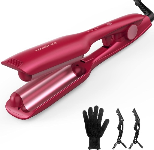 Hair Waver Iron Beach Waver Wand Hair Crimper Hair Waver Barrel Curling Iron 1 Inch PTC Heater Auto Shut-Off Adjustable Easy Shap Long Lasting Heat Dual Voltage - Red