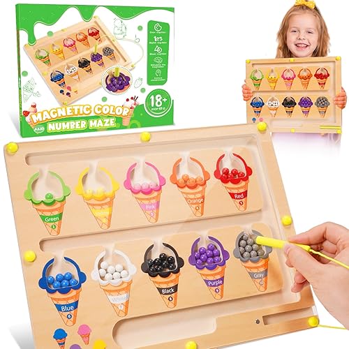 Magnetic Color and Number Maze, Educational Montessori Toys for 2 3 4 5 Year Old Boys Girls Baby, Educational Magnetic Color Recognition & Counting Number, Gifts for Baby Toddlers Kids - Ice cream