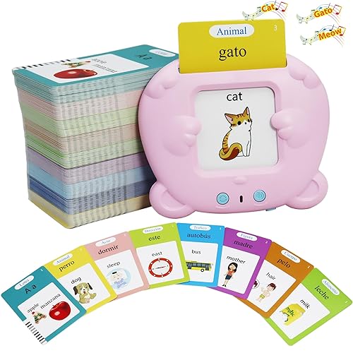 Spanish & English 510 Words Alphabet Bilingual Talking Flash Cards for 3-8 Years Toddlers, Pocket Speech Buddy Therapy Autism Toys, Educational Learning Interactive Toy for Boys Girls Kids Gifts Pink - 510 Words Spanish & English Pink(Bilingual)