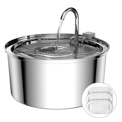 Tomxcute Cat Water Fountain, 3.2L/108oz Automatic Stainless Steel Pet Fountain Dog Water Dispenser, Ultra-Quiet Pump and 3 Replacement Filters & for Cats, Dogs, Multiple Pets - 3.2L Cat Water Fountain + 3 Filters