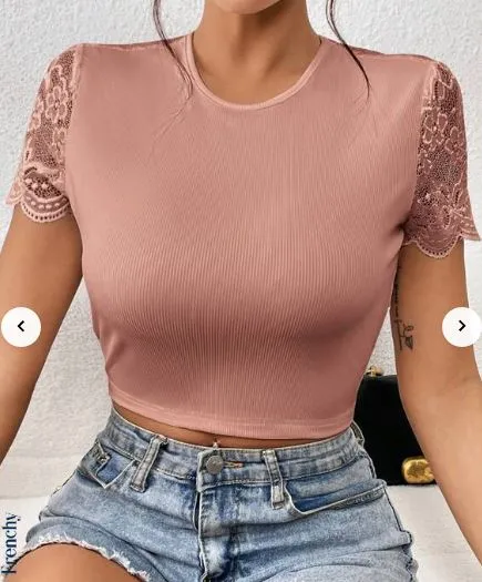 SHEIN Frenchy Contrast Lace Sleeve Crop Top | SHEIN USA