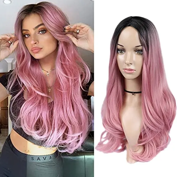 Lady Miranda Ombre Wig Black To Pink High Density Heat Resistant Synthetic Hair Weave Full Wigs For Women (Black&Pink)