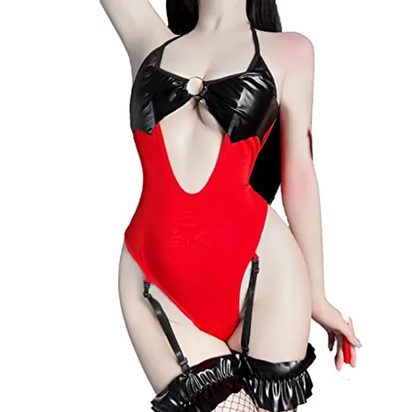 Women's Sexy Devil Cosplay Costume Naughty Kawaii Lingerie Anime Maid Outfit One Piece Halter Bodysuit Garter Belt