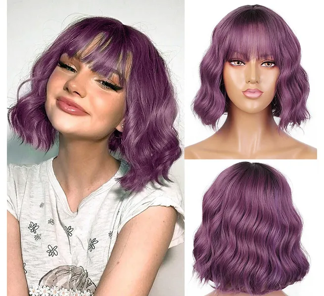 LANOVA Black Ombre Purple Wigs for Women Purple Curly Wigs with Bangs Synthetic Hair Afro Wigs Violet Wigs Banged Wig LANOVA-134