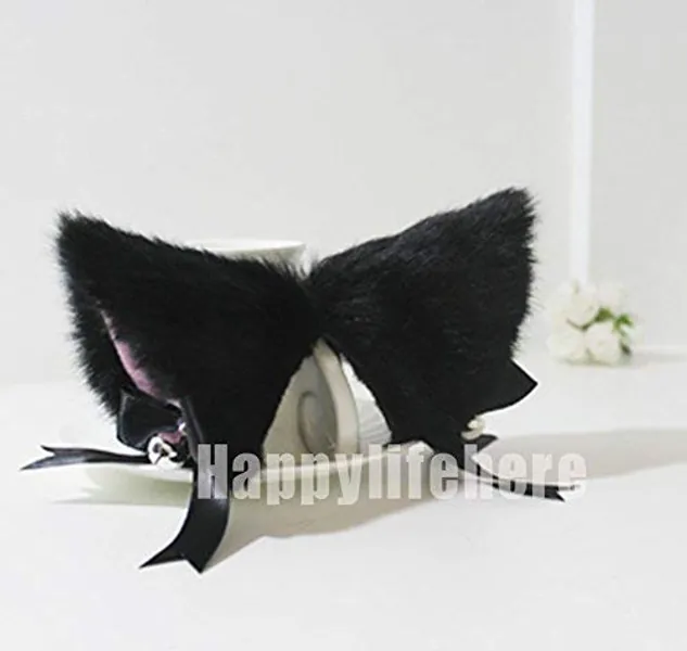 New Cute Fashion Fancy Dress Costume Long Fur Kit Cat Ears with Bell Many Colors (Black with pink inside)