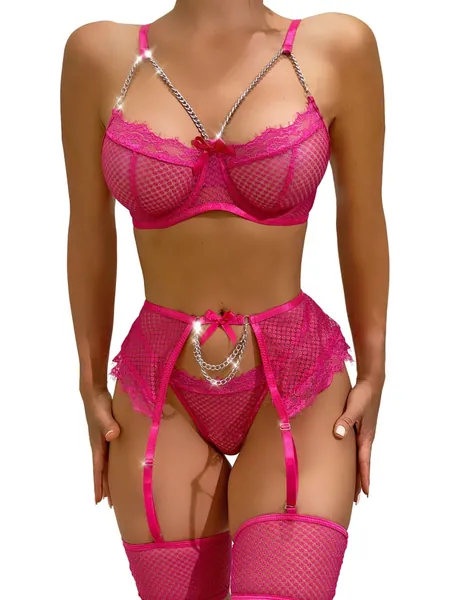 Aranmei Lingerieset voor vrouwen, sexy 4-delige lingerieset met dijbeenmanchetten, ondergoed met dijkousenband, geen kousen