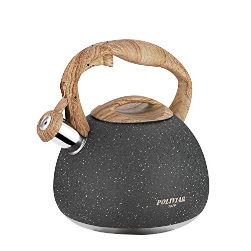 POLIVIAR Tea Kettle, 2.7 Quart Natural Stone Finish with Wood Pattern Handle Loud Whistle Food Grade Stainless Steel Teapot, Anti-Hot Handle and Anti-Rust, Suitable for All Heat Sources (JX2018-GR20) - 2.7 QUART - Gray