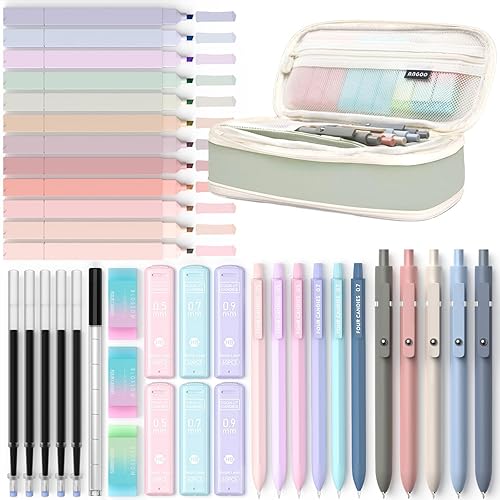 Four Candies 39 PCS Aesthetic School Supplies with Cute Pen Case, 12 Pastel Highlighters, 5 Black Ink Gel Pens, 6 Mechanical Pencils Set 0.5 & 0.7 mm for Students Stationary College Essentials (Green) - Green