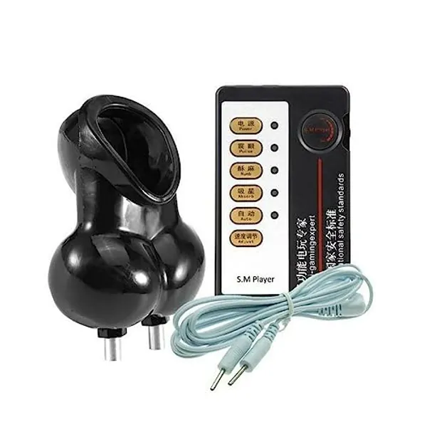 Electric Shock Chastity Cage Ring Scrotum Sleeve Ball Stretcher Ring Cage for Adult Men Sex Toys (Black)
