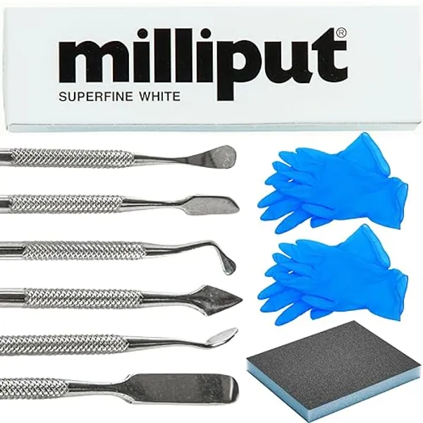 Milliput Plumbers Putty 10 Piece Set, Superfine White - with Sculpting Tools, Sanding Pad and Gloves - Ceramic Tile, Fiberglass Tub, Bath, Sink and Porcelain Repair Kit - 2 Part Epoxy Modeling Clay - Superfine White