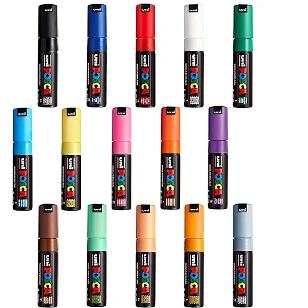 Posca Paint Markers Set of 15; Complete Color Range of 7M Broad Bullet Markers with Reversible Tips Marker Set of Acrylic Paint Pens Pens for Art Supplies; Fabric Paint