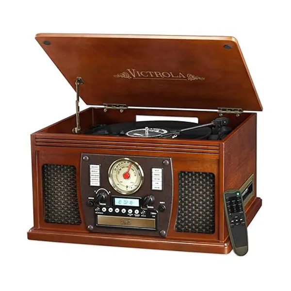 Victrola 8-in-1 Bluetooth Record Player & Multimedia Center, Built-in Stereo Speakers - Turntable, Wireless Music Streaming, Real Wood | Mahogany - Mahogany