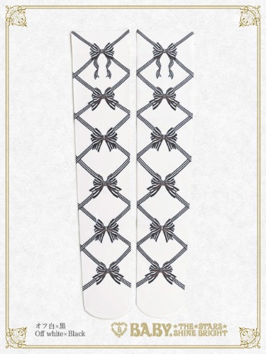 Ribbon Print Over Knee Socks | White×Black