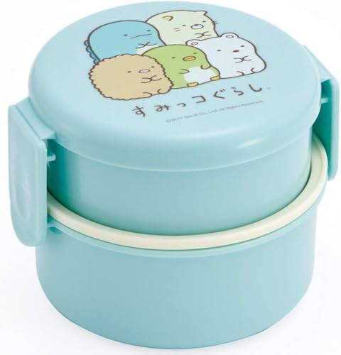 Skater Sumikkogurashi 2 Tier Round Bento Lunch Box with Folk (17oz) - Authentic Japanese Design - Microwave Safe - Blue