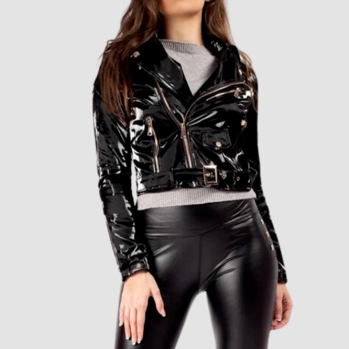 Women&#039;s Black PVC Vinyl Biker Jacket – Shiny Patent Moto Coat with Belt &amp; Zipper
