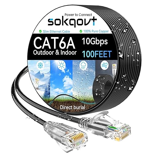 Cat6a Ethernet Cable Slim 100ft Outdoor & Indoor, 28AWG Pure Copper Cat6 Internet Cable LLDPE for Waterproof & Direct Burial, Flexible Cat6 Ethernet Cable 10G 550MHZ, Cat 6 Network cable Black Color - 100ft - Black