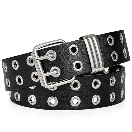 FIORETTO Grommet Leather Belt with Detachable Chain Women Men Punk Rock Waist Belts for Jeans Pants - Double Silver-grommet(no Chain) - Fit Waist up to 37"