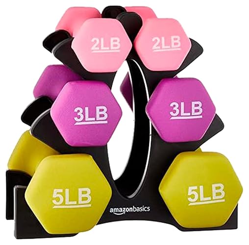 Amazon Basics Neoprene Dumbbell Hand Weights - Rack with 3 Pairs (2, 3, and 5 Pound)