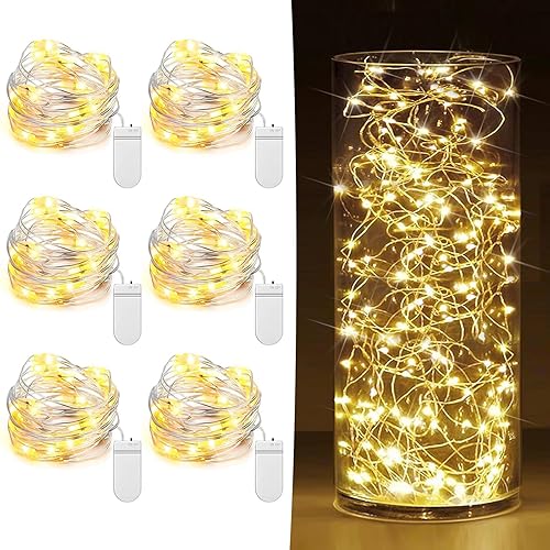 6 Pack Fairy Lights Battery Operated 7ft 20 LED Mini String Lights Twinkle Lights Silver Wire Firefly Starry Lights for Mason Jars Wedding Party Christmas Centerpiece Table Decorations, Warm White - [6 Pack] 7 Feet 20 LED - Warm White