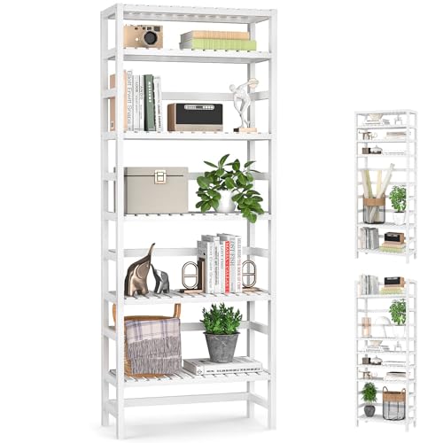 Homykic Bookshelf, 6-Tier Bamboo Adjustable 63.4” Tall Bookcase Book Shelf Organizer Free Standing Storage Shelving Unit for Living Room, Kitchen, Bedroom, Bathroom, Office, Rust Resistance, White - 23.6"Wx10.3"Dx63.4"H - White