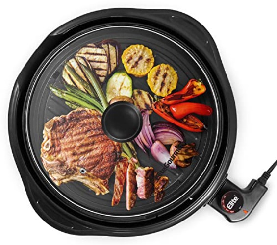 Elite Gourmet EMG1100 Electric Indoor Nonstick Grill, Dishwasher Safe, Cool Touch, Fast Heat Up Ideal Low-Fat Meals, Includes Tempered Glass Lid, 11", Black - 11" - Black
