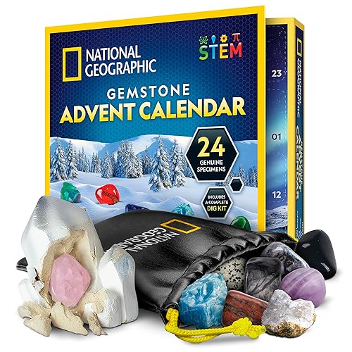 NATIONAL GEOGRAPHIC Gemstone Advent Calendar - 2024 Advent Calendar for Kids with 24 Gemstones to Open Each Day, a Complete Rock Collection Christmas Countdown Calendar with Mini Gemstone Dig Kit - Gemstone Advent