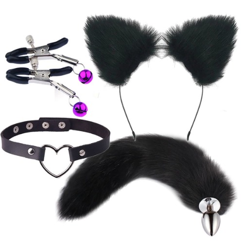 ChicLSQ Analplug Paaren Cosplay mit Fuchsschwanz+Plüsch Katze Ohren Stirnbänder Haarschmuck Sex Spielzeug Set Für Männer Frauen Paare 4 PCS SM Analspielzeug Sexspielzeug für Frauen(schwarz)