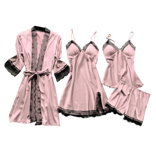TaFoyu Damen Pyjama Set 4 Stück Set Satin Nachthemd Shorts Schlafanzug Spitze Nachtwäsche Sexy Seiden Nachtkleid Negligee Robe