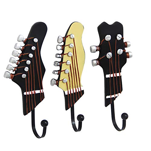 KUNGYO Vintage Guitar Shaped Decorative Hooks Rack Hangers for Hanging Clothes Coats Towels Keys Hats Metal Resin Hooks Wall Mounted Heavy Duty (3-Pack) (Guitar Hook-A) - Guitar Hook-A