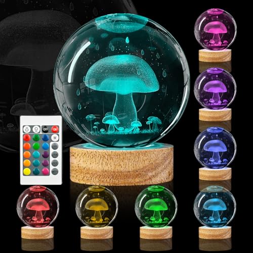3D Mushroom Crystal Ball Night Light 3.15 inch Mushroom Glass Ball Lamp with 16 Color Changing Wooden Base and Remote Ideal Gifts for Kids Friends Birthday Christmas Cute Mushroom Room Table Decor - Mushroom