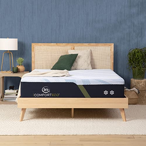 Serta - iComfortECO F20GL Plush 13.25" Queen Smooth Top Memory Foam Mattress, Cooling, Pressure Relief, Utilizing Recycled and Plant-based Material, 100 Night Trial, CertiPUR-US Certified - Light Blue - Queen - Plush