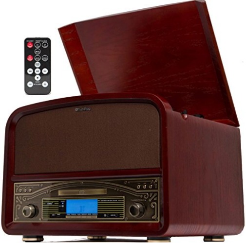 TechPlay TCP9560BT CH, Bluetooth 20W Retro Wooden 3 Speed Turntable with CD Player, AM/FM Radio, USB Recording & Playback with Remote Control – Cherry Wood Color - Cherry Wood