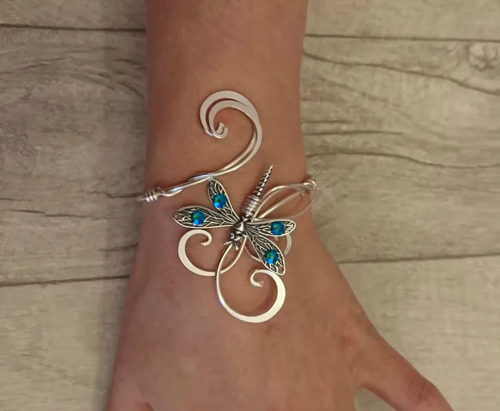 Teal blue zircon crystal dragonfly bracelet, silver cuff elven wedding bangle