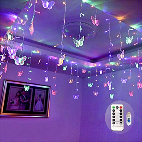 Butterfly Curtain Fairy Lights USB Plug in,8 Modes 120 LED 19.7FT Firefly Twinkle Timer String Lights with Remote, Waterproof Copper Wire for Bedroom Patio Christmas Wedding Party Dorm(Multicolor) - Multicolor
