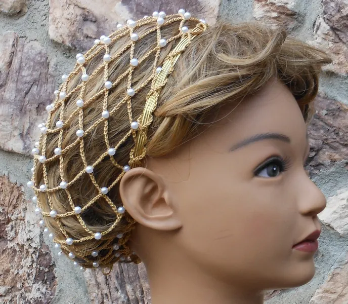 SHORT HAIR Metallic Gold Hair Snood With Pearl Beads "Gold Glow" SHORT Hair to the Nape of the Neck