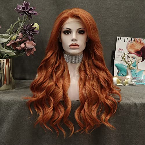 IMSTYLE Ginger Synthetic Lace Front Wig Long Wavy Synthetic Lace Front Wig Glueless Heat Resistant for Drag Queen Cosplay Party Daliy Wear 26 Inches - Ginger