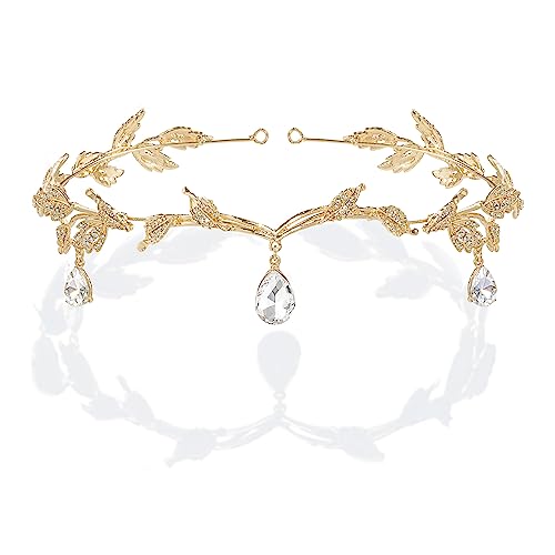 BABEYOND Crystal Leaf Wedding Diadem Headband Bridal Bridesmaid Forehead Band Rhinestone Bridal Tiara Crown (Gold) - Gold