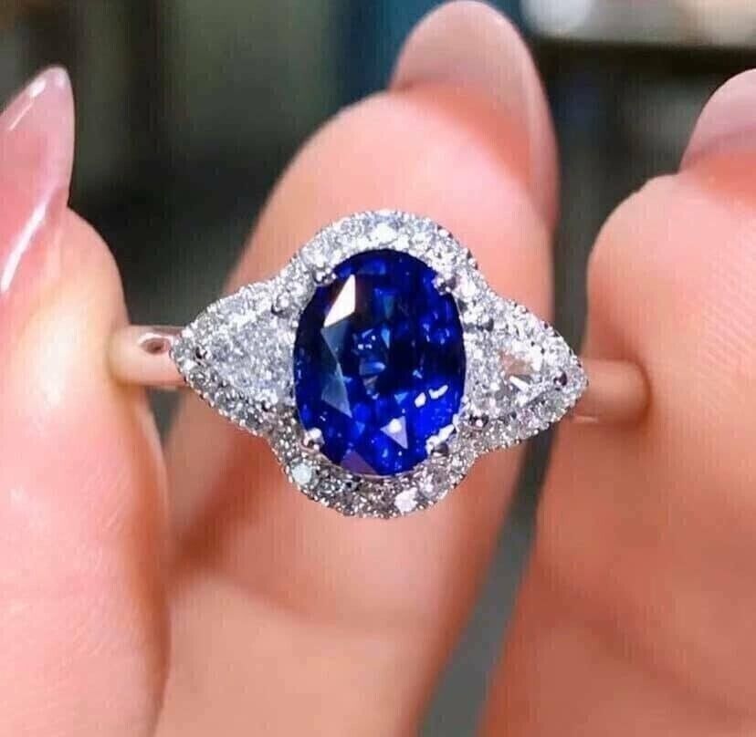 4 Ct Oval Cut Simulated Blue Sapphire 14k White Gold Plated Engagement Halo Ring