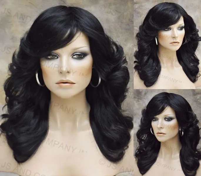 Black Farrah Fawcett Style wig Lots of Body and big open curls with feathered sides perma lift/tease crown Cancer Aloepcia Theather Cosplay
