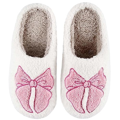 HIPINISS Womens Mens Slippers Retro Memory Foam Cute Cartoon Plush Fluffy Warm Fur Lined slippers Indoor House Home Winter Shoes - 7.5-8.5 Women/6.5-7.5 Men - Pink Bow