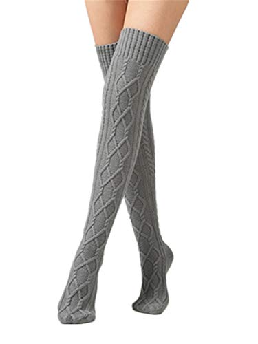 Leoparts Women's Cable Knitted Thigh High Boot Socks Extra Long Winter Stockings Over Knee Leg Warmers - Grey-352 - One Size