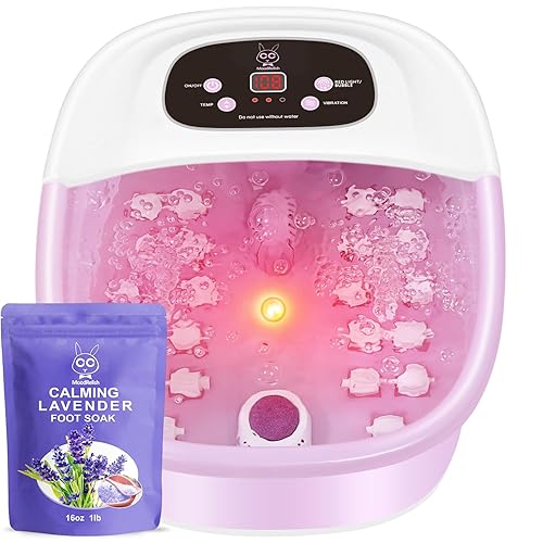 Foot Spa Bath Massager with Heat Bubbles and Vibration Massage and Jets, 16 OZ Calming Lavender Foot Soak Epsom Salt, Foot Soaker with Red Light, 22 Massage Rollers, Adjustable Temp - Pink - Pink