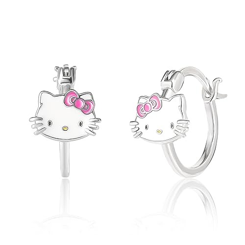 Sanrio Hello Kitty Womens Hoop Earrings - Sterling Silver and Enamel Hello Kitty Earrings Official License - Silver