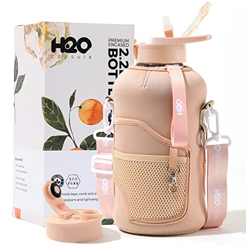 H2O Capsule 2.2L Half Gallon Water Bottle with Storage Sleeve and Removable Straw – BPA Free Large Reusable Drink Container with Handle - Big Sports Jug, 2.2 Liter (74 Ounce), Sandy Beige - Sandy Beige
