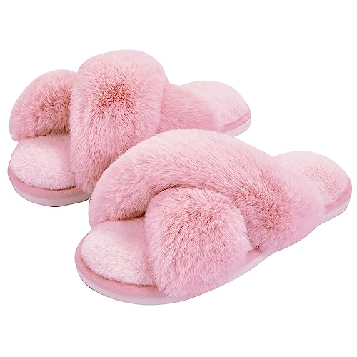 Metog Women's Fuzzy Slippers House Slippers Cross Band Slippers Indoor Outdoor Soft Open Toe Slippers - 7-8 - Pink