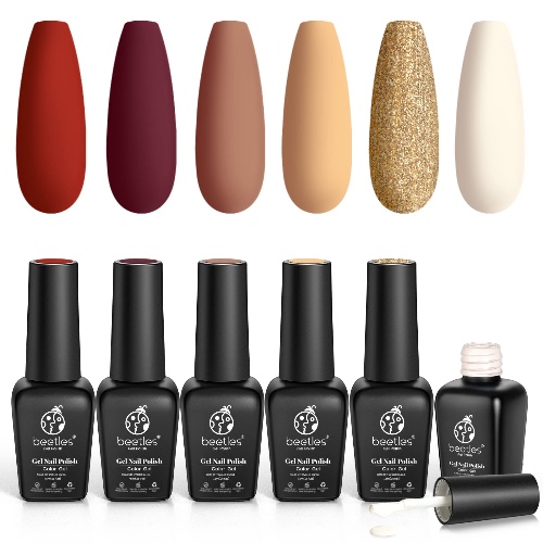 Beetles Gel Nail Polish Set, 6 Colors Modern Retro Fall Winter Brown Yellow Gold Glitter Gel Polish Wine Red Gel Nail Kit Soak Off Nail Lamp LED Gift Nail Art DIY Home Minicure