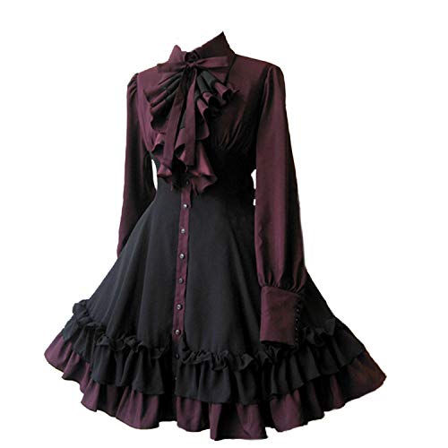 ZZEQYG Women Girls Black Gothic Dress Long Sleeves Polyester Ruffle Dress with Bows - Medium - Black