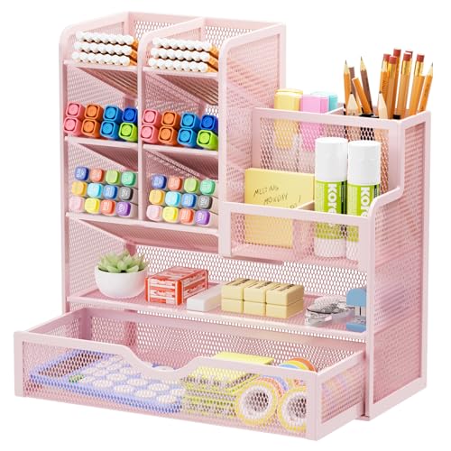 Marbrasse Mesh Pen Holder for Desk, Desk Organizer with Drawer, Multi-Functional Pencil Organizer, Desk Organizers and Accessories for Office Art Supplies (Pink) - Pink