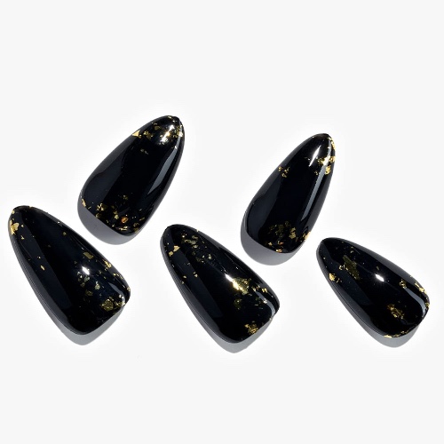 GLAMERMAID Press on Nails - Black Gothic Short Pointed Almond Nails Acrylic Fake Nails with Design UV Glossy Medium Stiletto Glue on Nails Reusable False Nail Kits Static Stick on Nails for Women, 24Pcs Full Cover Nail Sets