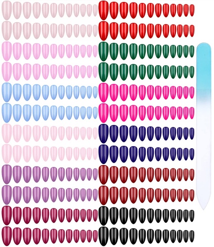 editTime 12 sets/288pcs Solid Colors Matte or Glossy Acrylic Stiletto False Nails Full Cover Fake Nails Tips Natural Medium Claw Nails Tips with a Crystal Nail Rubbing Strip (Glossy Stiletto) - Medium-Glossy Stiletto